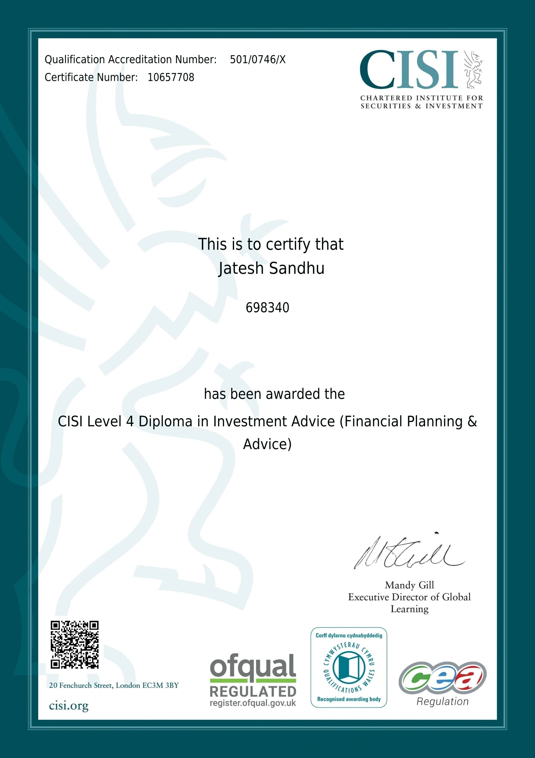CISI Level 4 Diploma in Investment Advice (Financial Planning & Advice) awarded to Jatesh Sandhu