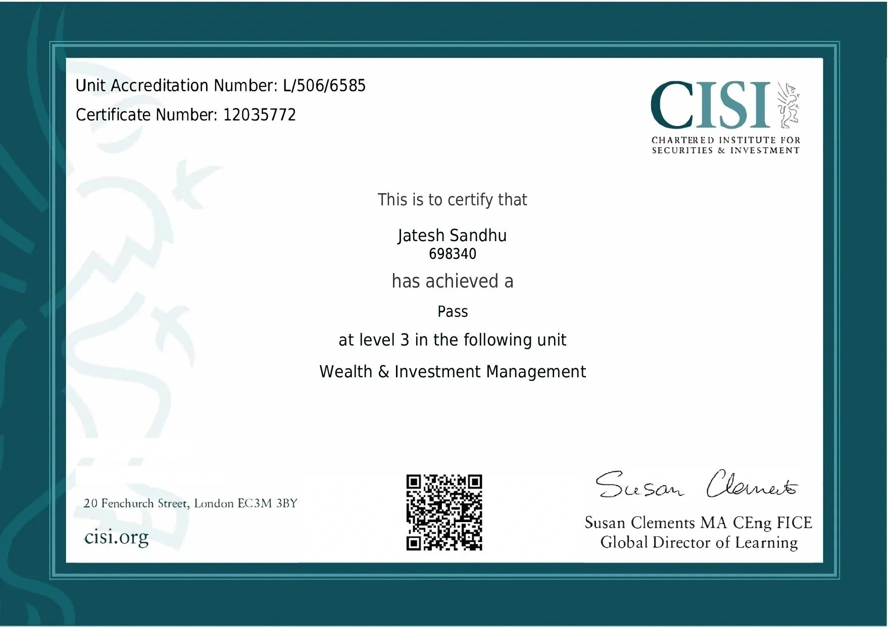 CISI Wealth & Investment Management Level 3 — Pass, awarded to Jatesh Sandhu